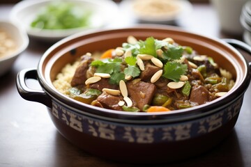 lamb tagine with almonds and figs topping in pot