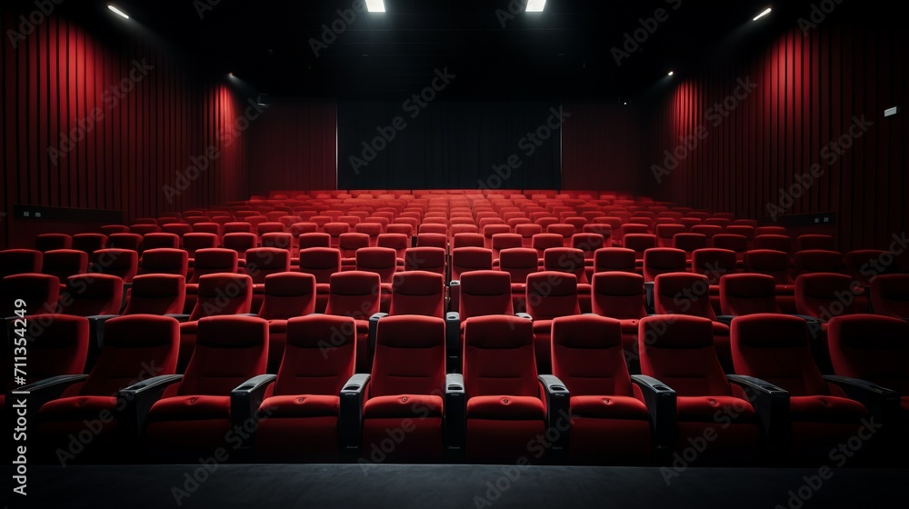Poster a large cinema, a theater with empty red chairs on a dark background with a copy space.