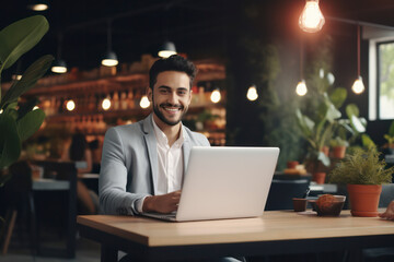 Happy Caucasian Man Using Laptop in a Modern Office - Banner of Successful Professional Lifestyle, Wireless Connectivity, and Positive Career, Smiling Young Businessman at Work