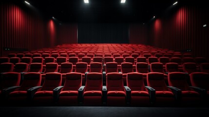 A large cinema, a theater with empty red chairs on a dark background with a copy space.