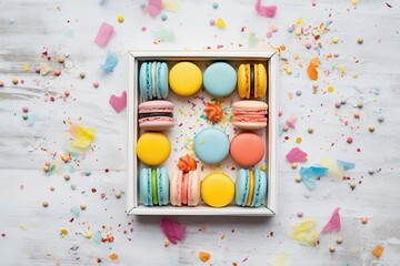 assorted macarons in gift box, top view