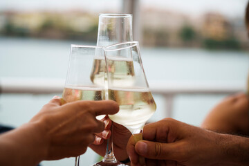 Friends raise glasses of champagne at a party