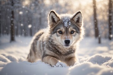 Fototapeta premium The little dark wolf in winter forest. AI Generated.