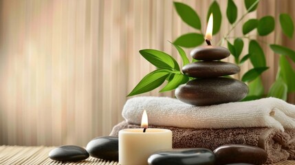 Harmonious SPA composition of balanced stones, towels, green leaves, and accessories for body treatments. Wellness and relaxation