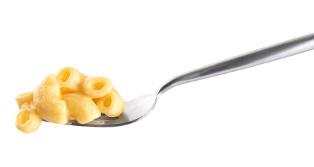 Fork with creamy macaroni and cheese isolated on white background. Mac and cheese. With clipping...