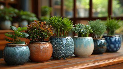 Fototapeta premium An elegant indoor setting adorned with ornamental plants in stylish ceramic pots, each plant showcasing unique foliage patterns and colors, creating a sophisticated and visually pl