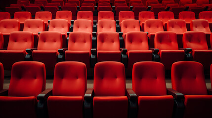 Rows of empty comfortable red chairs in the cinema, theater.