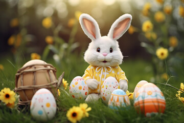Fototapeta na wymiar Cute adorable Easter bunny in meadow with painted Easter eggs. Generative AI