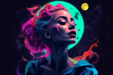 Woman portrait neon moonlight background. Sensual radiant lady celestial mystic backdrop. Generate ai