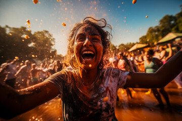 Joyful woman covered in colorful powder, celebrating at a vibrant Holi festival event with people throwing orange powder in the background - Powered by Adobe