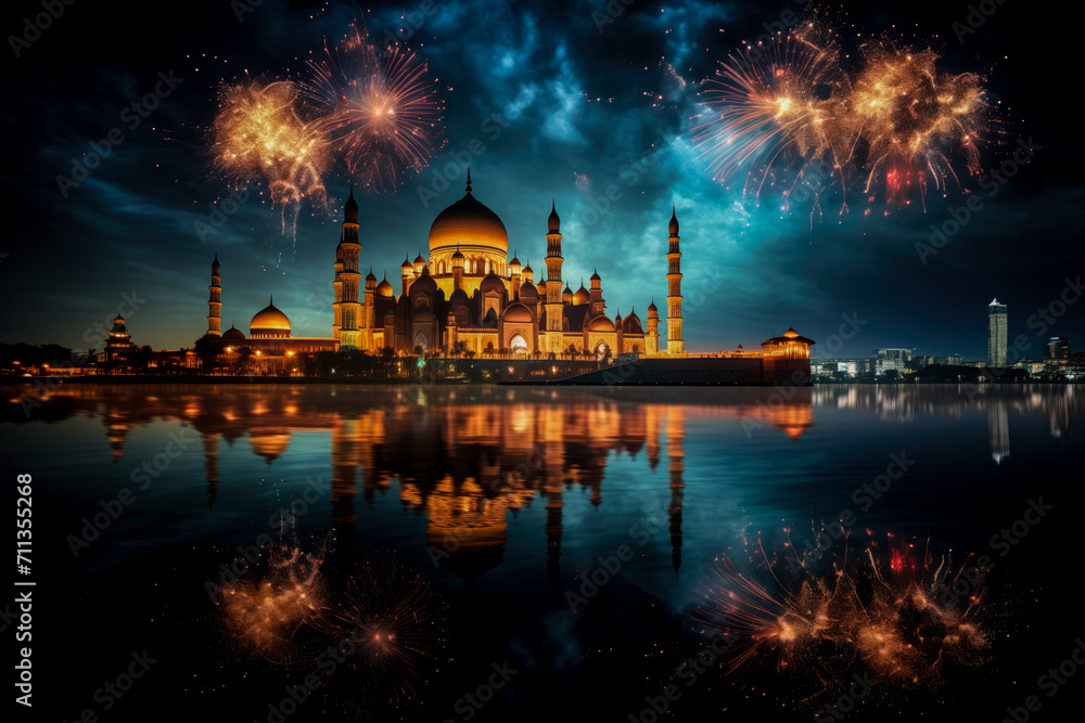 Wall mural An ornate mosque with multiple minarets illuminated against a night sky, reflected in water, with celebratory fireworks bursting above,  Eid Al-Fitr