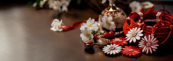 Traditional Bulgarian martenitsa bracelets with white and red intricate designs, symbolizing health and the arrival of spring, are showcased on a wooden surface