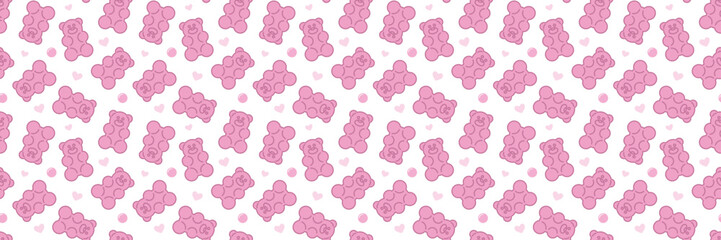 Pink gummy jelly bears, vector seamless pattern. Cartoon illustration in white background