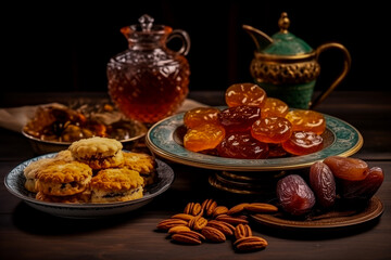 Fototapeta premium Traditional Middle Eastern sweets and tea setup, possibly for Ramadan, featuring candied fruits, dates, almonds, and ornate teapot on a dark wooden table