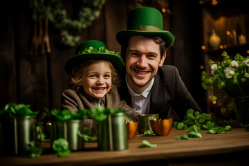 A joyful child and adult wearing festive green hats and surrounded by clovers celebrate St Patrick's Day