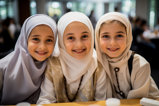 Three young girls wearing hijabs at Eid Al-Fitr Celebrations, smiling together at a social gathering, potentially celebrating a cultural or religious event