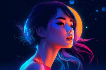 Woman on enchanting neon moon background. Ethereal stunning lady in moonlit nighttime. Generate ai