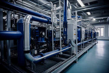 Modern industrial water treatment system with pipes, pumps, and filtration units in a large facility