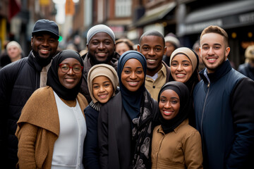 A diverse group of smiling Muslim people wearing casual clothing with several women in hijabs, embodying a concept of multicultural unity or friendship