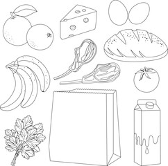 Paper shopping bag and food groceries. Milk, bread, fruits, vegetables and cheese. Supermarket shopping for food products. Vector black and white coloring page.