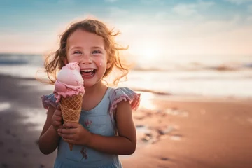 Fotobehang Child girl smiling with ice cream beach vacation © Danko