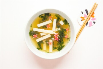 overhead shot of miso soup with daikon radish pieces