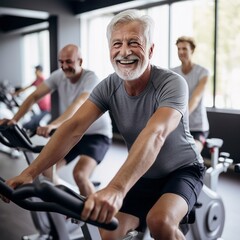 Fototapeta na wymiar Happy senior people doing indoor biking in a fitness club
