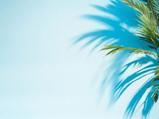 Fototapeta na wymiar Palm leaves on a light bluegreen background toned template for text panorama with copy space ai image 