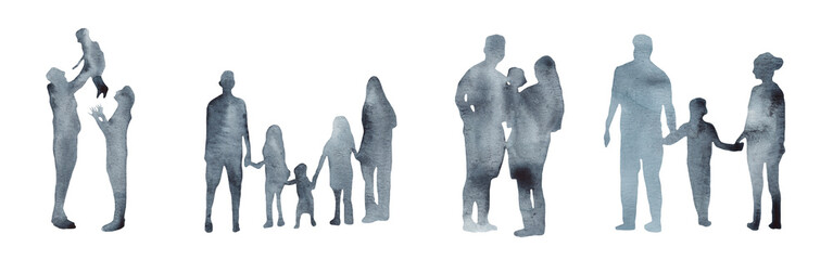 Watercolor border with silhouettes of people. Brush strokes in the form of blue silhouettes of people,Silhouette of family on white background.