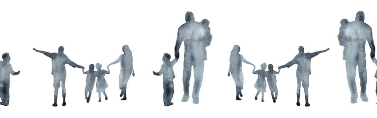 Watercolor border with silhouettes of people. Brush strokes in the form of blue silhouettes of people,Silhouette of family on white background.