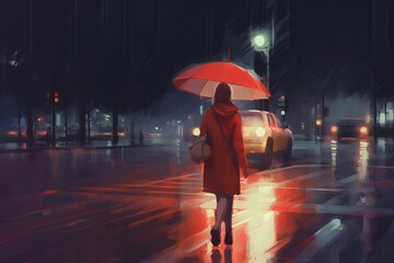 Woman walking on night street with red umbrella. Lady walks on rainy weather urban avenue. Generate...