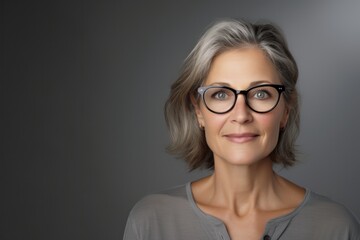 Close up middle aged woman wearing eyeglasses smiling isolated over gray background - obrazy, fototapety, plakaty