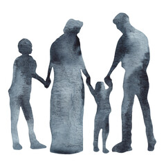 Watercolor silhouettes of people drawn by brush. Brush strokes in the form of black silhouettes of people,silhouette of family on white background.