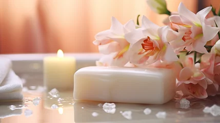 Foto auf Acrylglas Spa Soap candle and flowers in the bathroom, spa concept