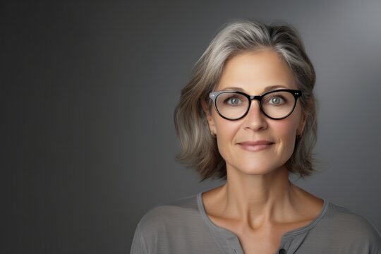 Close up middle aged woman wearing eyeglasses smiling isolated over gray background