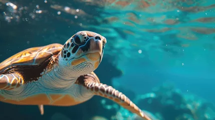 Fotobehang A green sea turtle swims in the blue ocean, Ai Generated © Crazy Juke