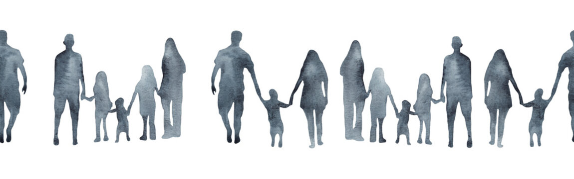 Watercolor border with silhouettes of people. Brush strokes in the form of blue silhouettes of people,Silhouette of family on white background.