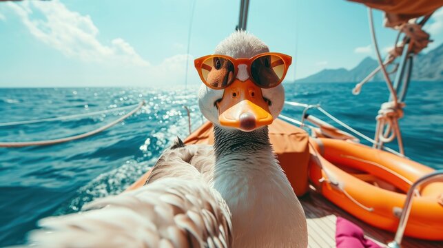 A duck wearing sunglasses and a life jacket is taking a selfie on a boat in the ocean, Ai Generated