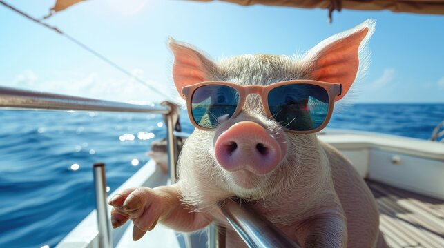 The image shows a pig wearing sunglasses on a boat in the ocean, Ai Generated