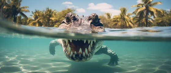 Muurstickers A crocodile swimming underwater in a clear blue ocean, Ai Generated © Crazy Juke