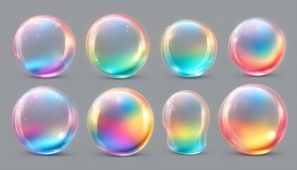 Realistic Transparent Soap Bubbles: Colorful with Rainbow Reflection on White Background