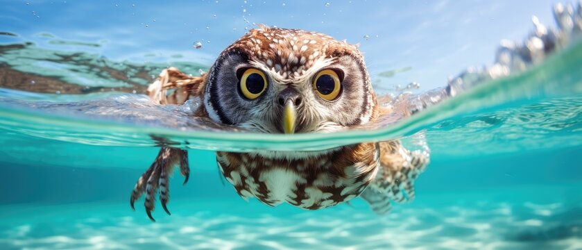 The image shows an owl swimming underwater in a pool of water, Ai Generated