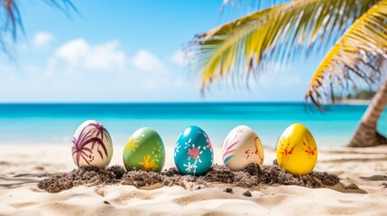 Colorful Easter eggs on the beach in sunny day. Easter concept.