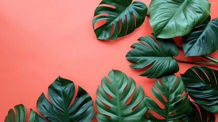 Tropical Philodendron leaves set against a coral hue, embodying a simplistic summer theme, Ai Generated.