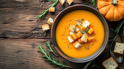 Pumpkin and carrot cream soup served on a rustic wooden table. Fall-inspired pumpkin cream soup garnished with rosemary and croutons, Ai Generated. - obrazy, fototapety, plakaty