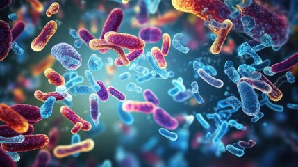 Probiotics Bacteria in Biological Science: Microscopic Medicine for Digestion, Stomach Health, Escherichia Coli Treatment, AI Generated - obrazy, fototapety, plakaty