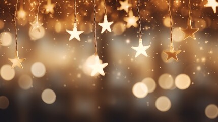 Star-shaped Christmas lights hanging from fir branches, with a backdrop of softly blurred, abstract bokeh, Ai Generated.