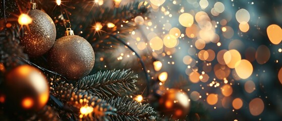 Obraz na płótnie Canvas Fir branches adorned with Christmas balls and golden lights, set against a softly blurred, abstract background, Ai Generated.