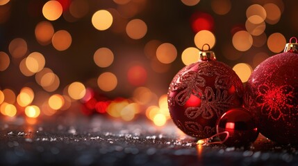 Obraz premium Glowing red Christmas ornaments set on an abstract, softly blurred background, Ai Generated.