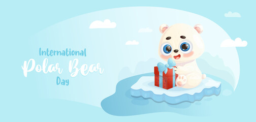 Cute polar bear with gift on ice floe. Holiday International Polar Bear Day. February 27. Vector horizontal illustration in cartoon style with animal character. Kids collection.